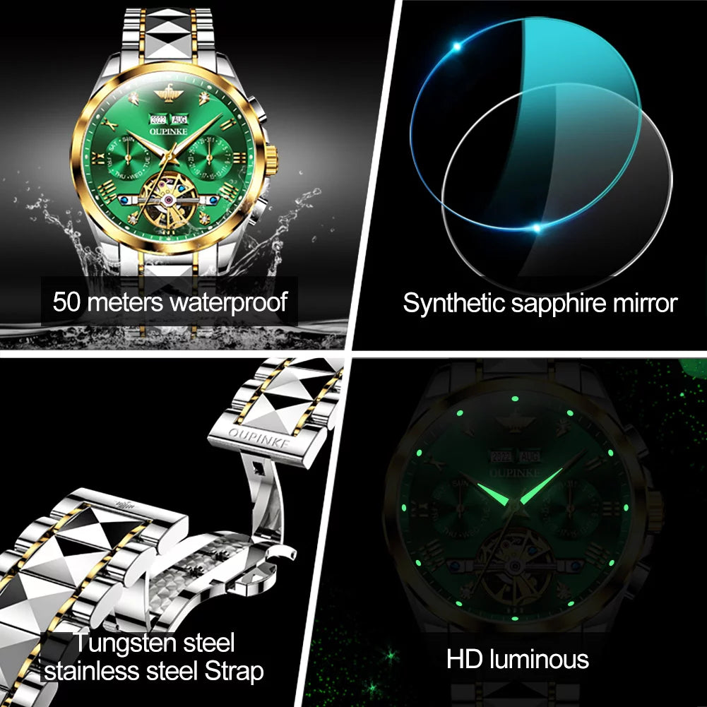 Automatic Watches for Men, Diamond Skeleton Self Winding Luxury Dress Mens Watch Sapphire Crystal Tungsten Steel Band Luminous Waterproof Reloj, Gifts for Men