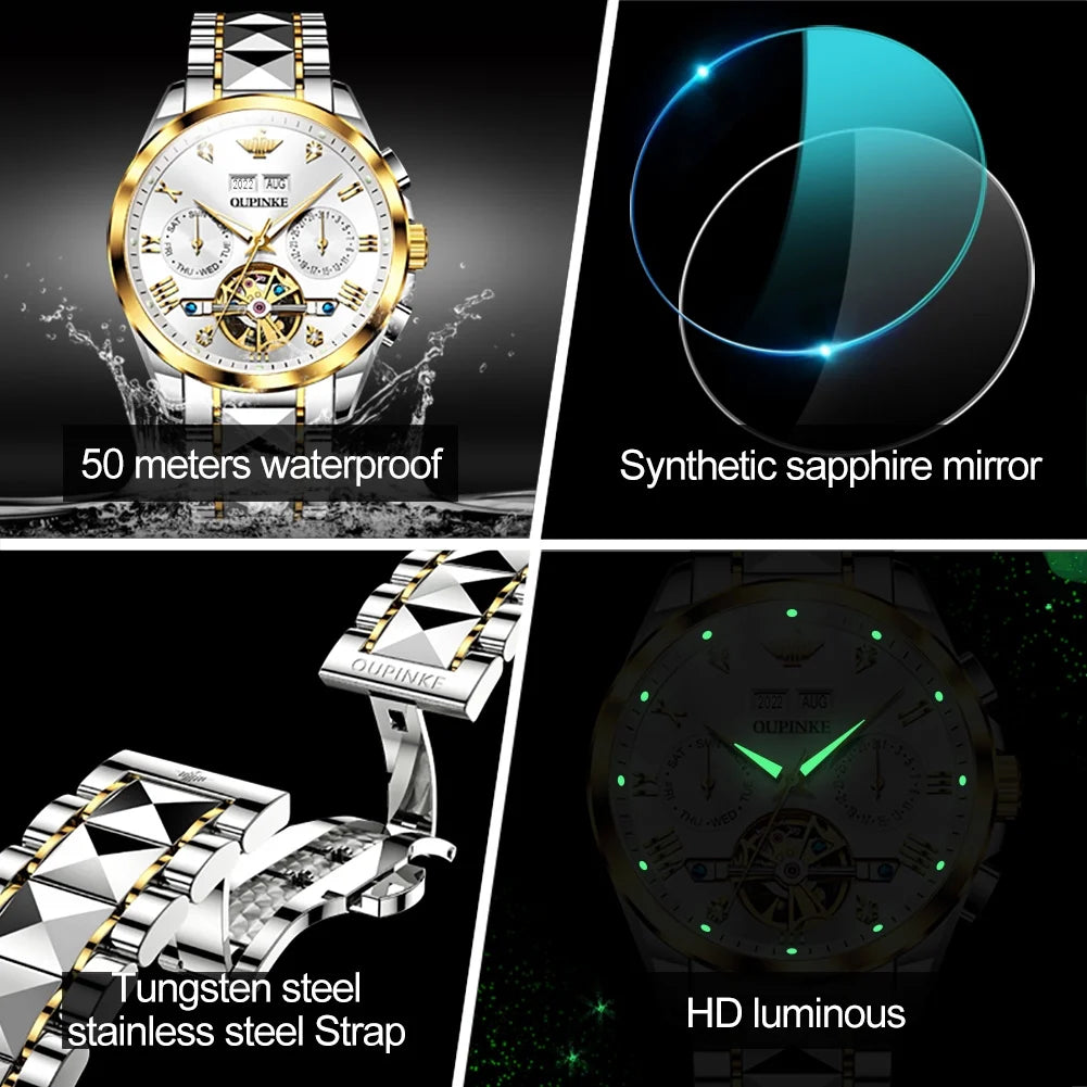 Automatic Watches for Men, Diamond Skeleton Self Winding Luxury Dress Mens Watches Sapphire Crystal Tungsten Steel Band Luminous Waterproof Reloj, Gifts for Men