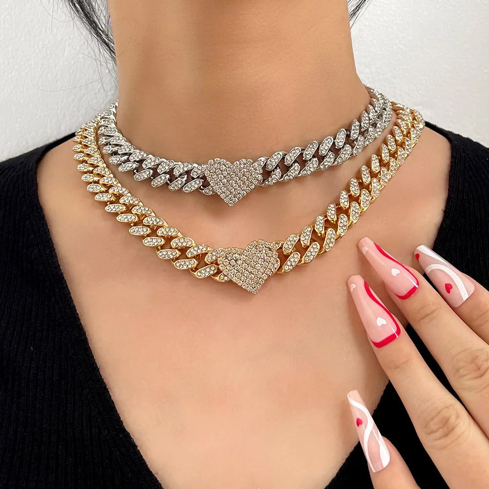 Iced Out Miami Curb Cuban Chain Necklace Fom Women Gold Color Bling Paved Rhinestones Cuban Link Choker Necklace Punk Jewelry