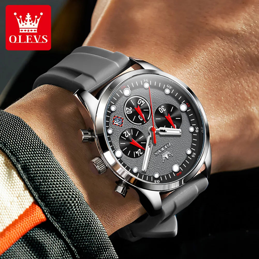 OLEVS Luxury Watch for Men Silicone Strap Waterproof Luminous Chronograph Classic Man Watch Top Original Quartz Men'S Watch 2024